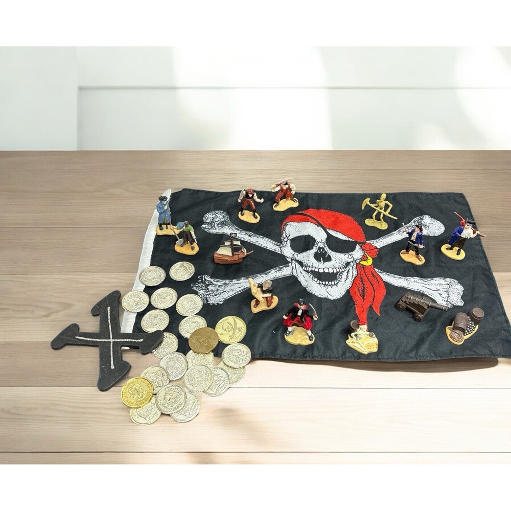 Pirate Toy Lot – Flag, Safari Ltd Figures, Fake Coins, X Marks the‎ Spot Decor